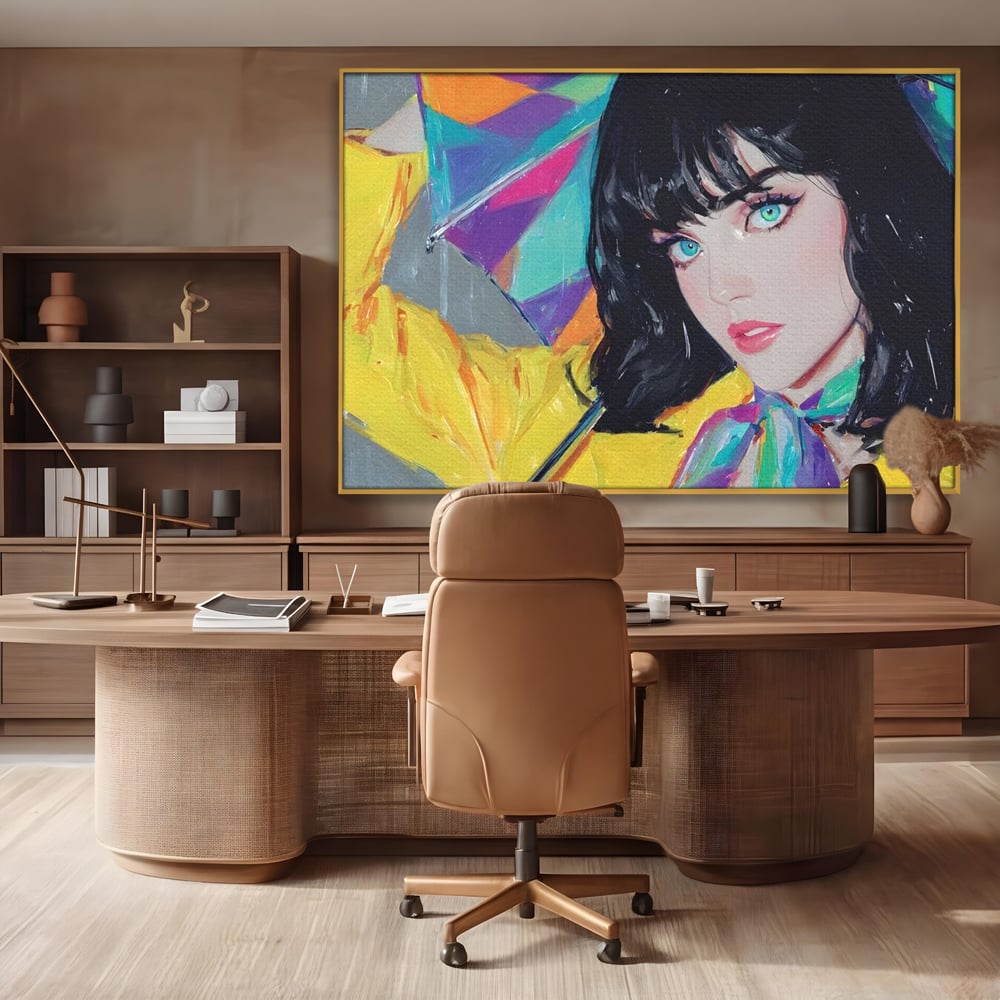 Tablou canvas cu pictura cu femeie bruneta si umbrela colorata, in rama de aluminiu auriu, pe perete intr-un birou